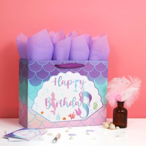 13" Large Purple Gift Bag Set with Greeting Card and Lavender Tissue Papers (Mermaid Design) for Girls' Birthday Party, Women's Birthday Parties, Baby Shower, Baby Girl - 13”x5.2”x10.2”, 1 Pcs.