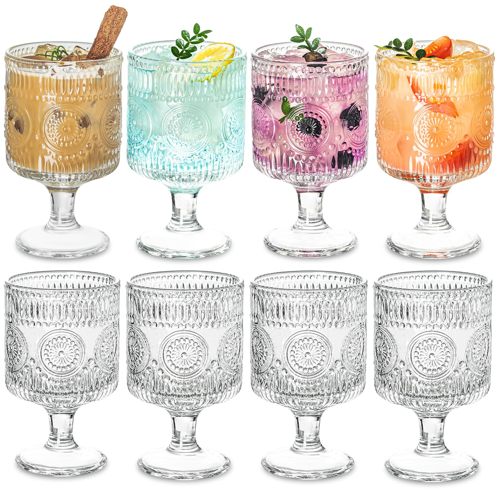 Set of 8 Romantic Vintage Goblet glassware, Charming Embossed Floral Cocktail Glasses Set, Mixed Drink Glasses, for Bars, Restaurants, Party, and Elegant Dinners, 8 oz Wine Glasses