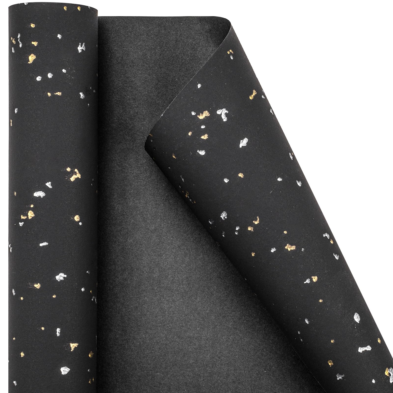 MAYPLUSS Wrapping Paper Roll - 17Inch x 16.5Feet - Luxury Thick Black Gold Foil Flakes Marvelous Satin Texture Matte Gift Wrap Paper for Graduation, Aniversary, Halloween Day, Birthday, Christmas