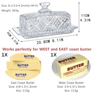 Crystal Covered Butter Dish,8inch Classic Glass 2-Piece Design Butter Keeper with Lid | Butter Holder | Dishwasher Safe