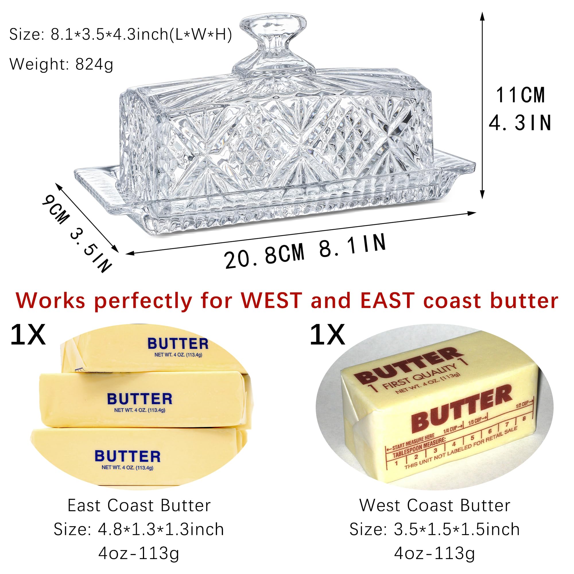 Crystal Covered Butter Dish,8inch Classic Glass 2-Piece Design Butter Keeper with Lid | Butter Holder | Dishwasher Safe