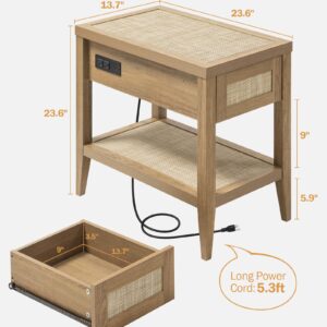 SICOTAS Rattan Nightstands Set of 2 - Boho Night Stand with Type-C Charging Station & Rattan Drawer - Bed Side Table End Table for Bedroom Living Room - Natural Oak