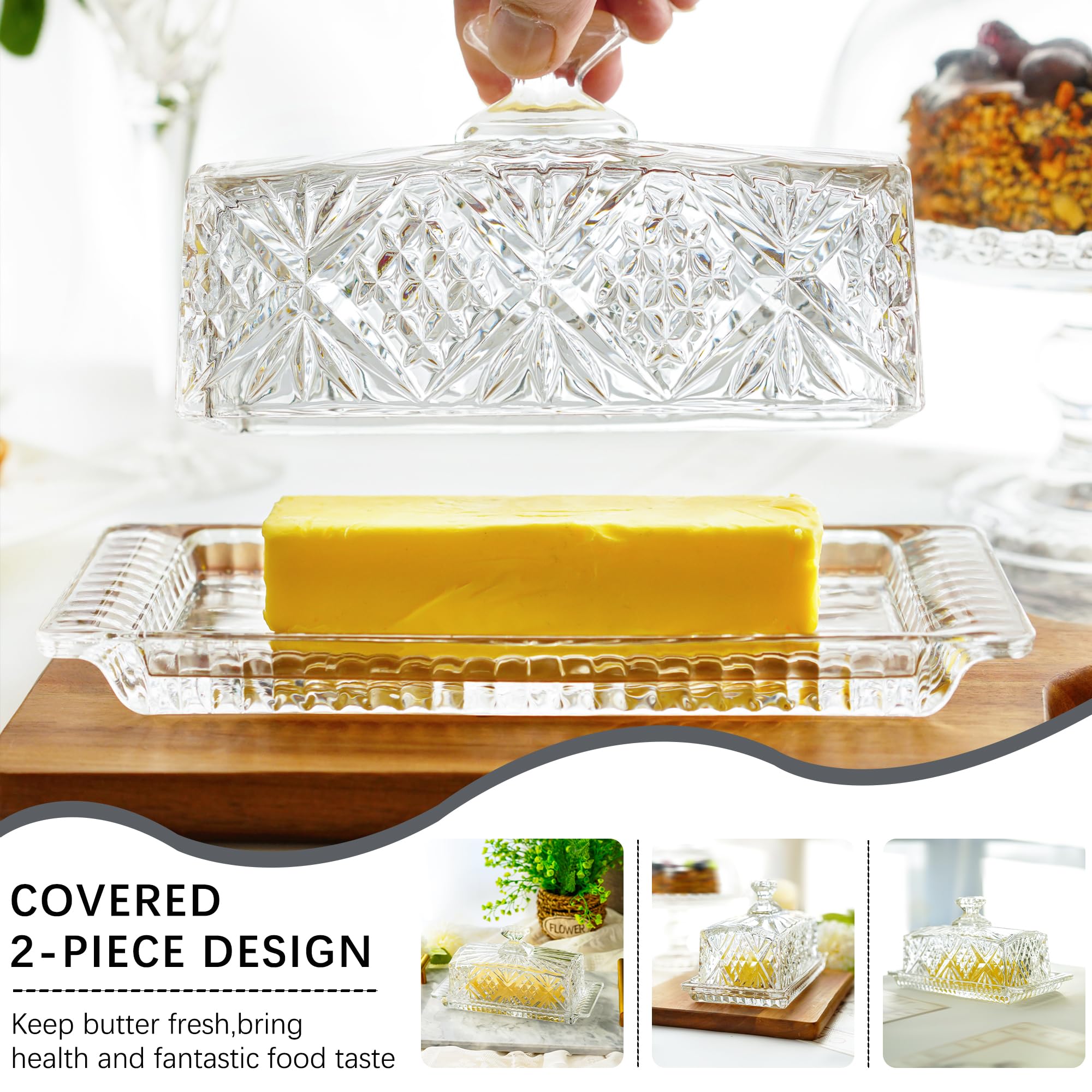 Crystal Covered Butter Dish,8inch Classic Glass 2-Piece Design Butter Keeper with Lid | Butter Holder | Dishwasher Safe