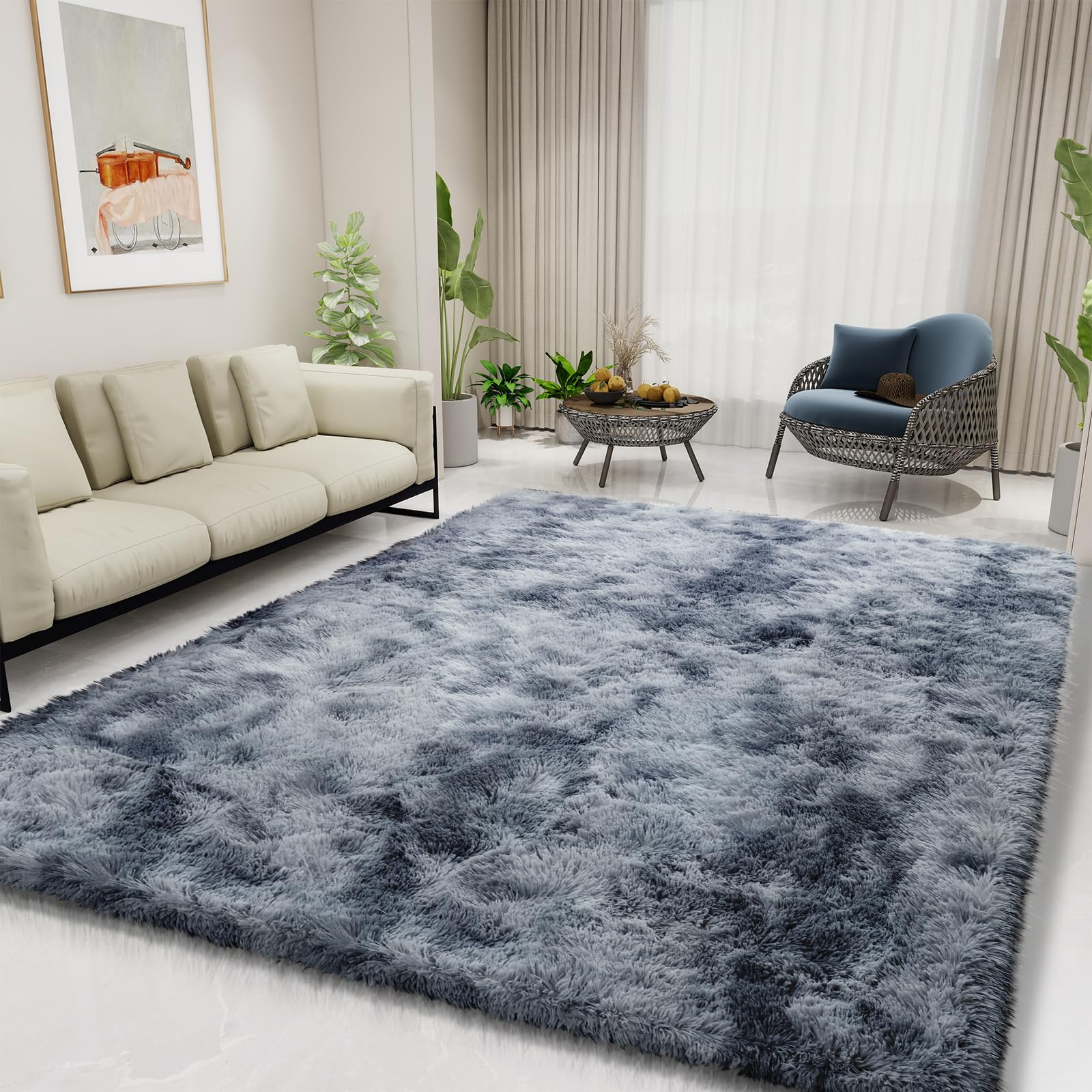 yulidayang Ultra Soft Fluffy Black Tie-dye Area Rugs for Bedroom 8x10 Feet, Shaggy Plush Living Room Shag Furry Floor Rugs, Non-Shedding Indoor Rugs for Living Room Decor