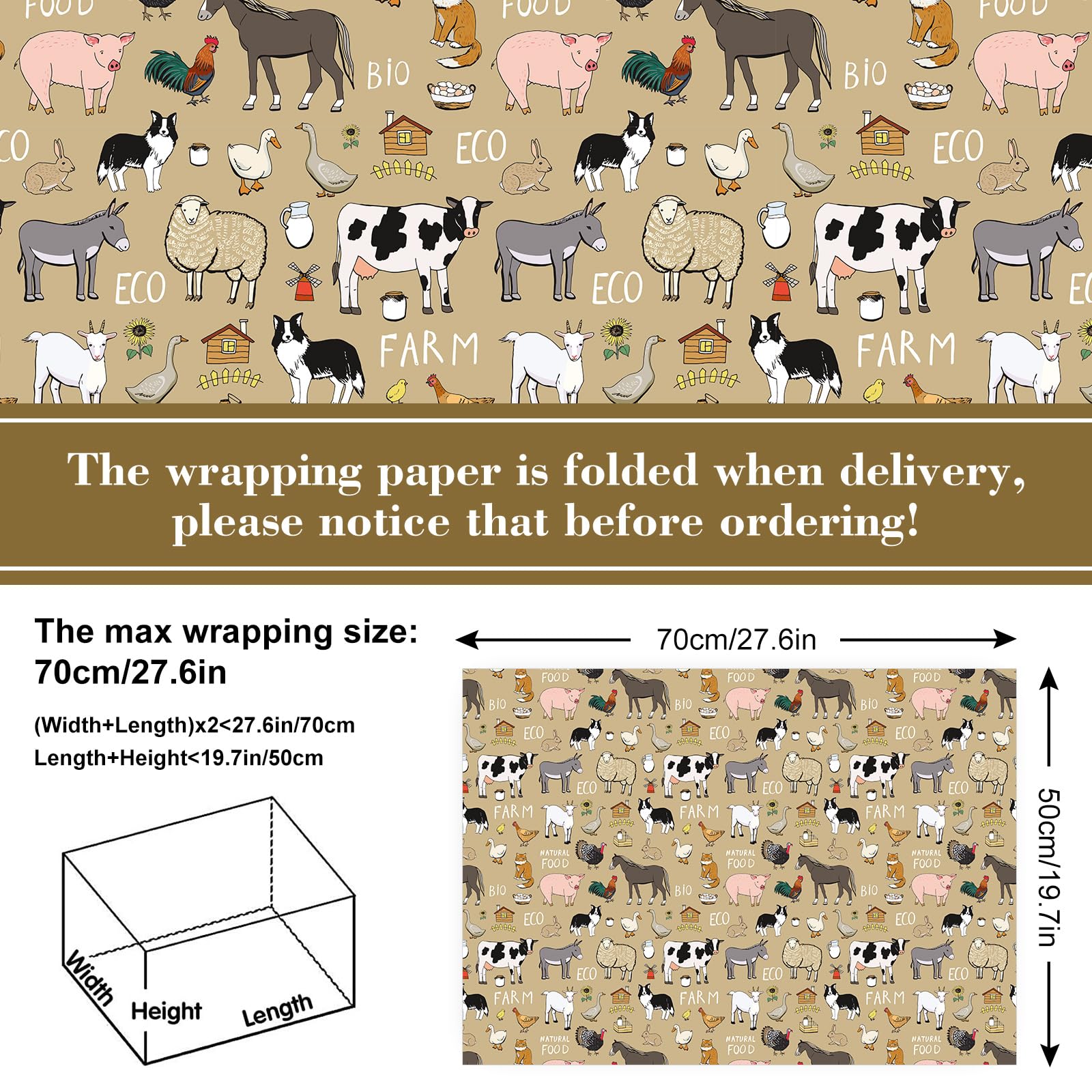 AnyDesign 12 Sheet Farmhouse Wrapping Paper Farm Animal Theme Gift Wrap Paper Bulk Folded Flat Retro Cartoon DIY Craft Paper for Birthday Holiday Party Supplies, 19.7 x 27.6 In