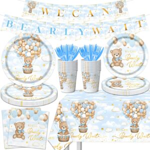 we can bearly wait bear baby shower decorations, 142pcs bear baby shower plates and napkins set, cups banner tablecloth for boy teddy bear baby shower party supplies (blue)