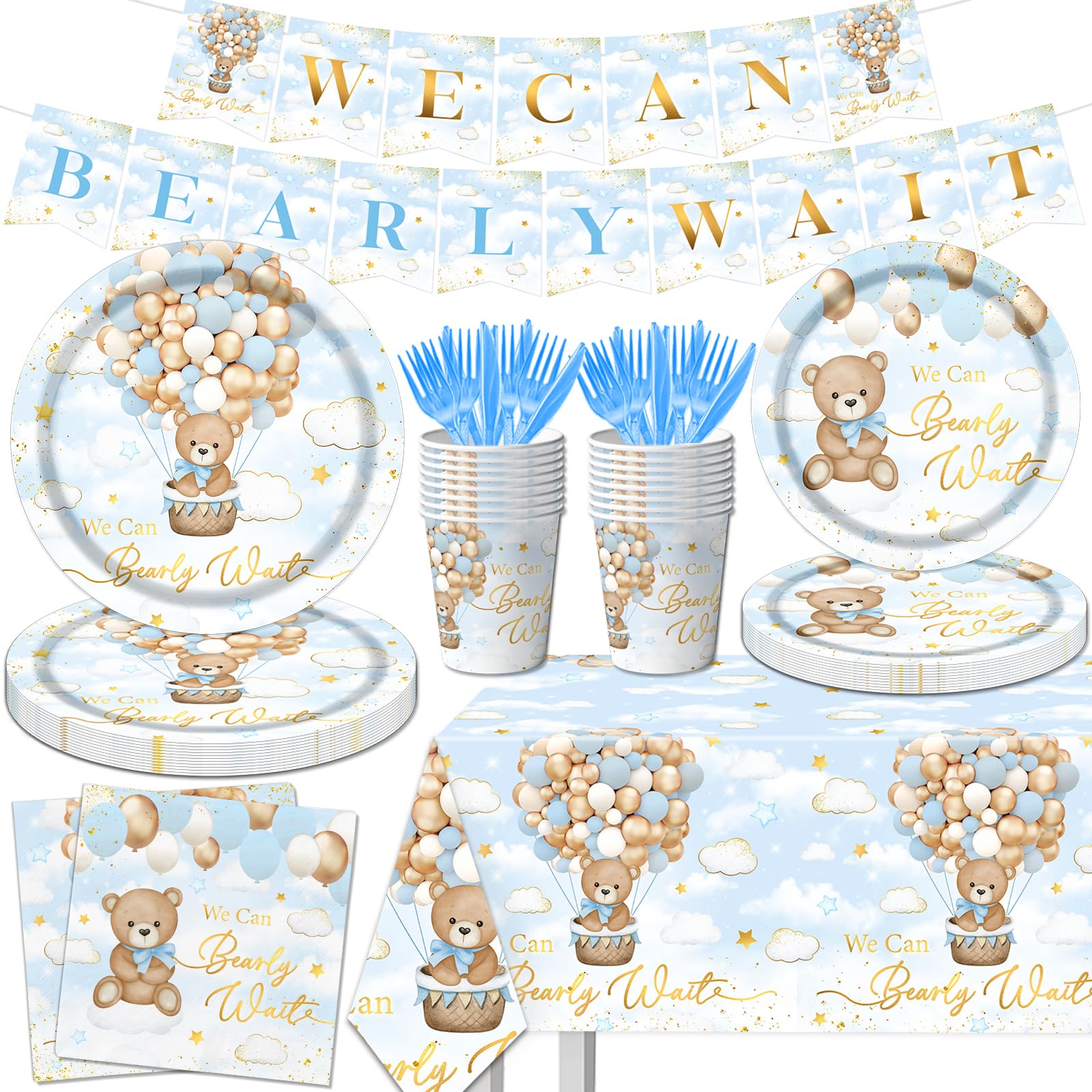 We Can Bearly Wait Bear Baby Shower Decorations, 142pcs Bear Baby Shower Plates and Napkins Set, Cups Banner Tablecloth for Boy Teddy Bear Baby Shower Party Supplies (Blue)