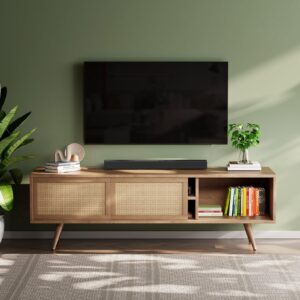 Theokleia TV Stand for 55 Inch TV, Mid Century Modern TV Stand Entertainment Center Rattan Media Console Table with Sliding Open Storage Cord Holes for Living Room Bedroom