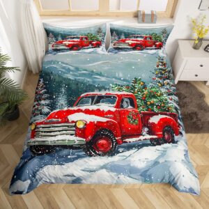 red christmas truck duvet cover set king size,winter snow view bedding set for kids boys girls adults room decor,happy new year themed comforter cover 3pcs xmas pine quilt cover,2 pillowcases