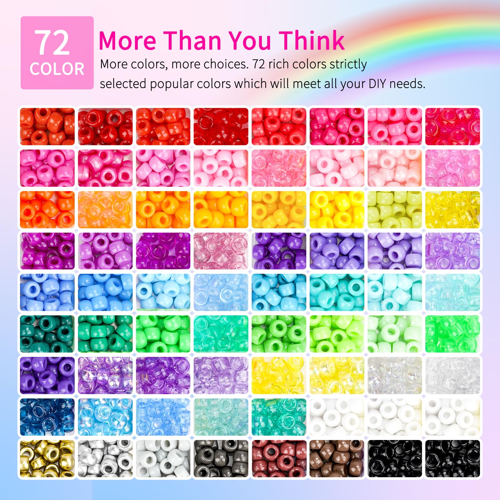 Paodey 2400pcs Pony Beads 72 Colors 9mm Friendship Bracelets Making Kit, Rainbow Kandi Beads Bulk Letter Beads for Name Bracelets Jewelry Making Crafts with Elastic String