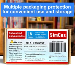 SimCos 18 Gauge 1/4" Narrow Crown Staples (1-1/2",1-1/4" 1", 3/4", 1/2"), Galvanized Assorted Sizes for 18 GA Pneumatic or Electric Stapler or Staple Gun,Project Pack (Assembly 3000)