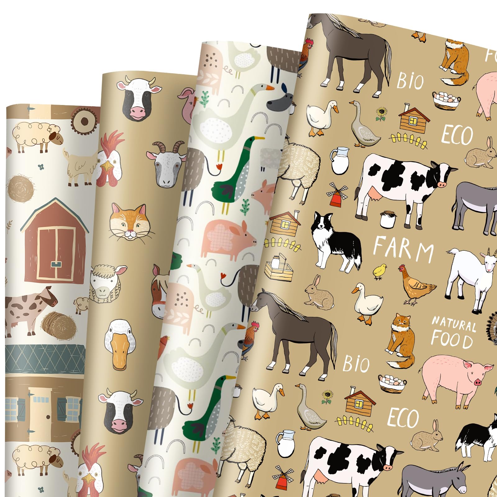 AnyDesign 12 Sheet Farmhouse Wrapping Paper Farm Animal Theme Gift Wrap Paper Bulk Folded Flat Retro Cartoon DIY Craft Paper for Birthday Holiday Party Supplies, 19.7 x 27.6 In