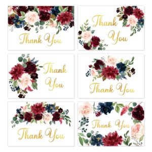 whaline 36 pack floral thank you cards bulk watercolor navy burgundy flower greeting cards with envelope sticker gold foil spring blank note cards for wedding birthday baby shower party, 4 x 6 inch