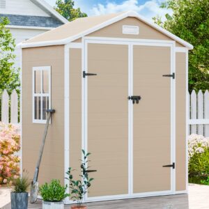 cdcasa 6x3 ft storage shed, waterproof resin outdoor storage shed with floor & window & double lockable doors and 2 vents, tool shed for bike, garden, backyard,lawn, all weather use, light brown