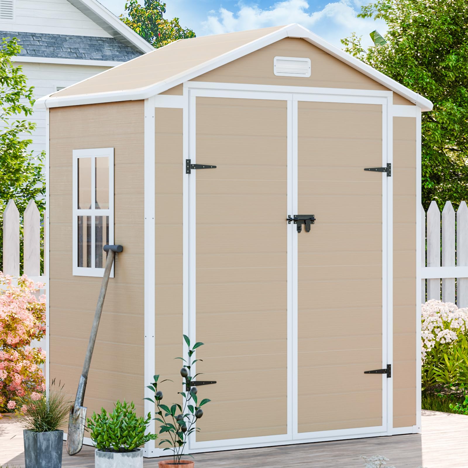 CDCASA 6x3 FT Storage Shed, Waterproof Resin Outdoor Storage Shed with Floor & Window & Double Lockable Doors and 2 Vents, Tool Shed for Bike, Garden, Backyard,Lawn, All Weather Use, Light Brown