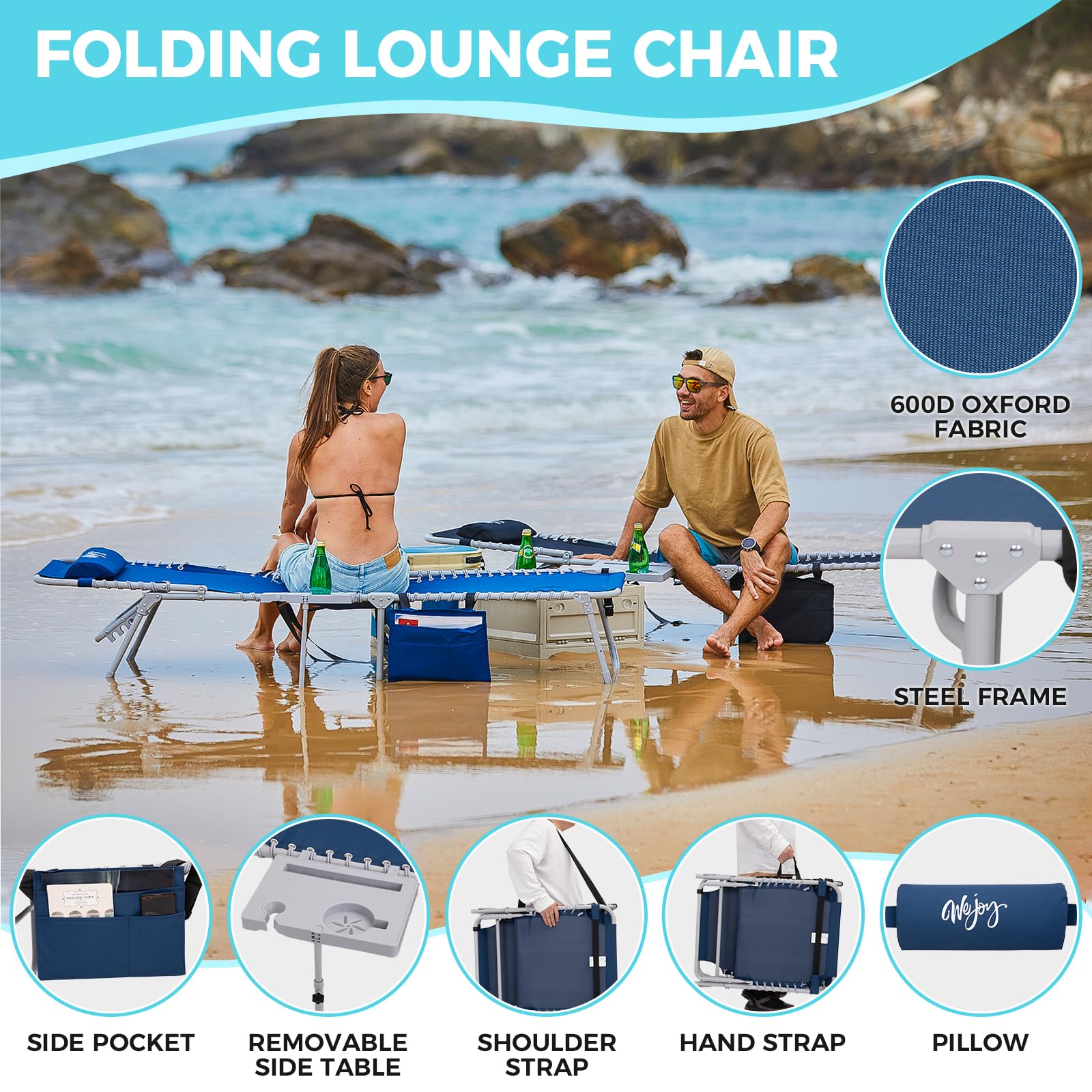 #WEJOY Folding Chaise Lounge Chair with Side Table for Outdoor 5 Positions Patio Beach Lounge Chair with Pillow & Side Pocket Heavy-Duty Lawn Reclining Chair with Shoulder Strap for Sunbathing Pool