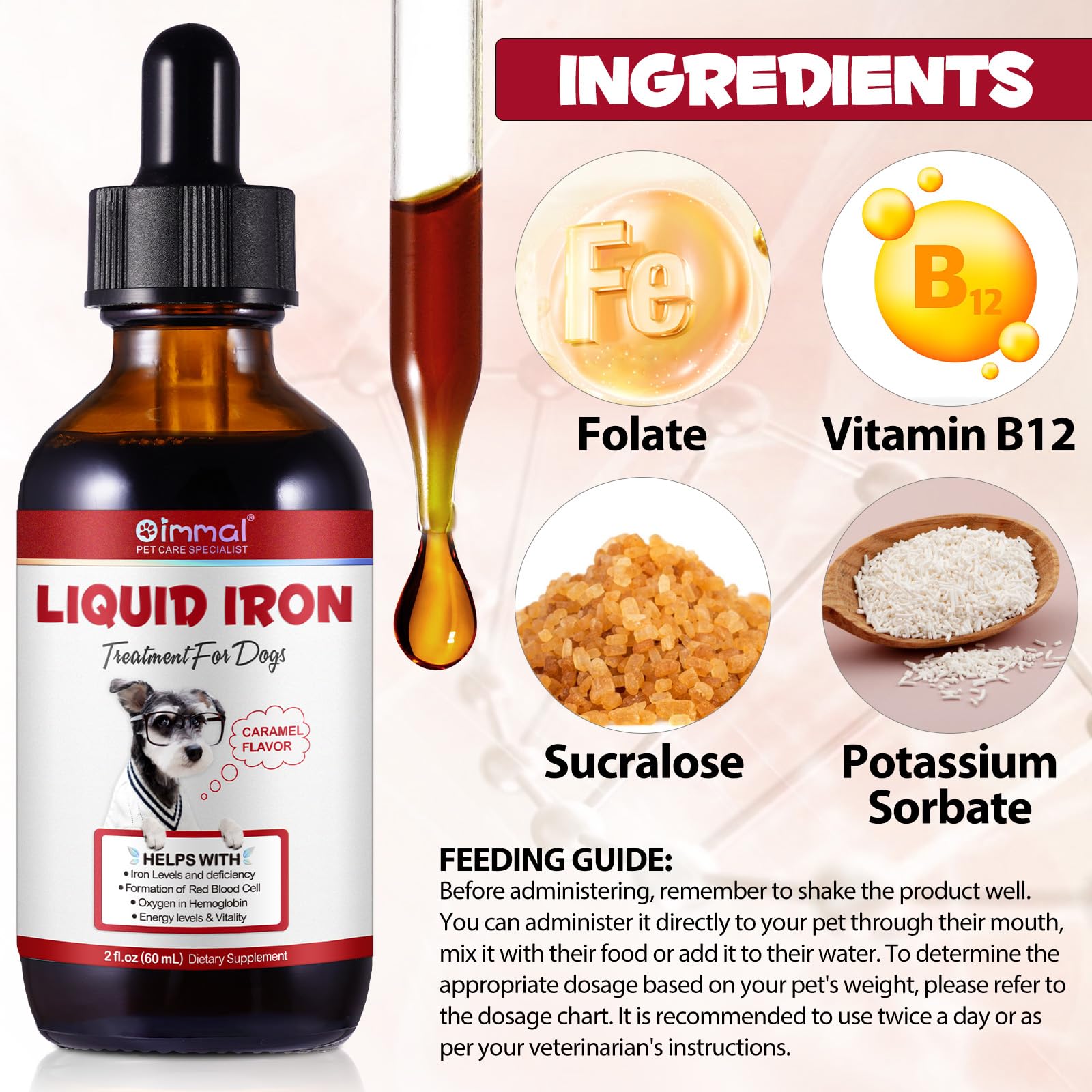 Liquid Iron Supplements for Dogs,LiquiI Iron with Vitamin C and B12,Supports Anemia, Low Enery Levels and Lethargy,Promotes Blood Health, Helps with Formation of Red Blood Cell