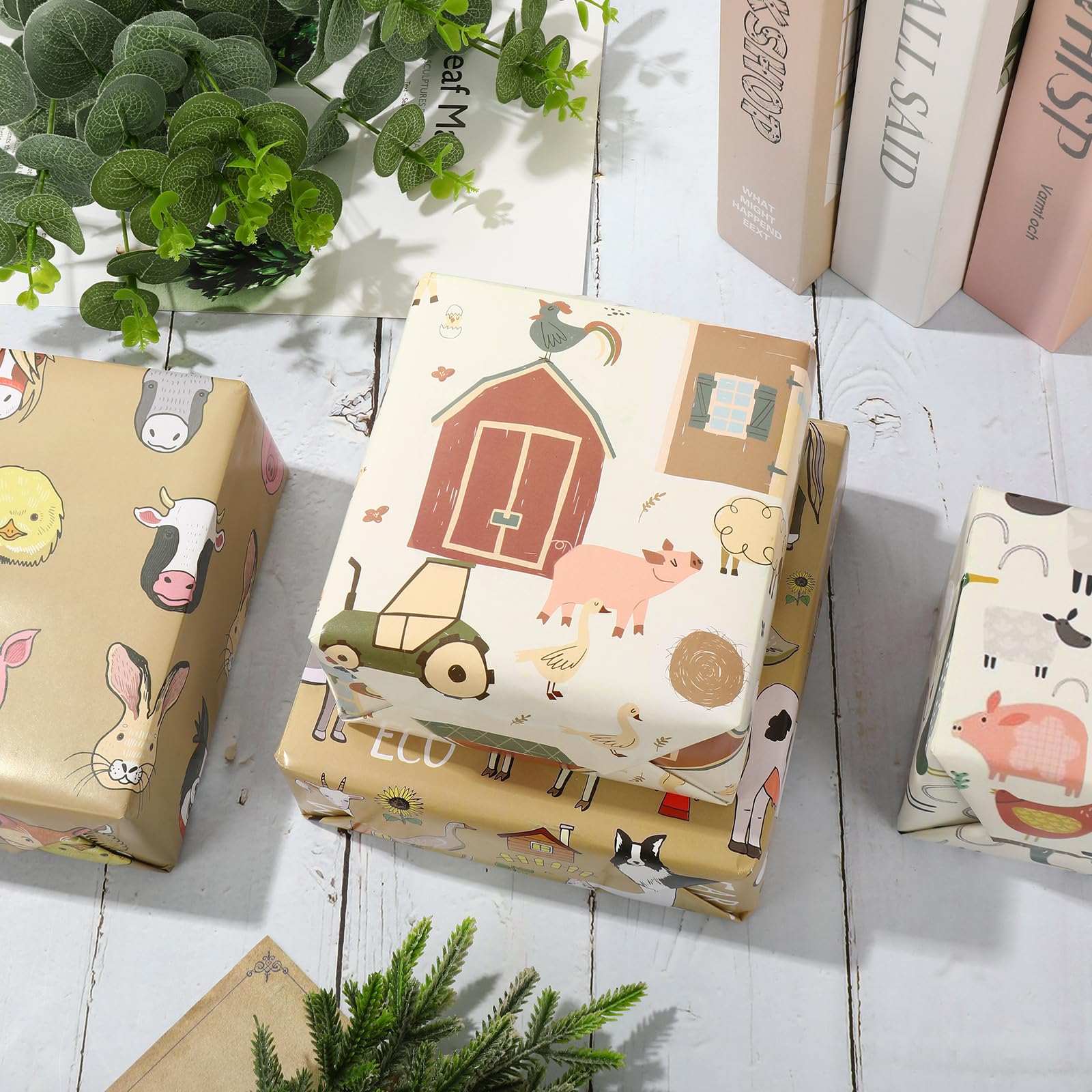 AnyDesign 12 Sheet Farmhouse Wrapping Paper Farm Animal Theme Gift Wrap Paper Bulk Folded Flat Retro Cartoon DIY Craft Paper for Birthday Holiday Party Supplies, 19.7 x 27.6 In