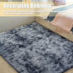 yulidayang Ultra Soft Fluffy Black Tie-dye Area Rugs for Bedroom 8x10 Feet, Shaggy Plush Living Room Shag Furry Floor Rugs, Non-Shedding Indoor Rugs for Living Room Decor