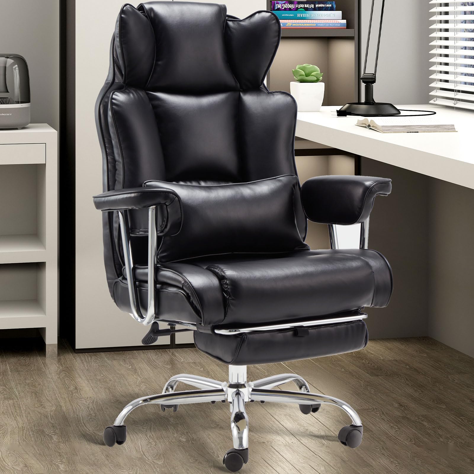 ZZW Executive Office Chair 400LBS Big and Tall Gaming Chair with Foot Rest Leather Office Chair with Armrests High Back Office Chair with Lumbar Support, Black