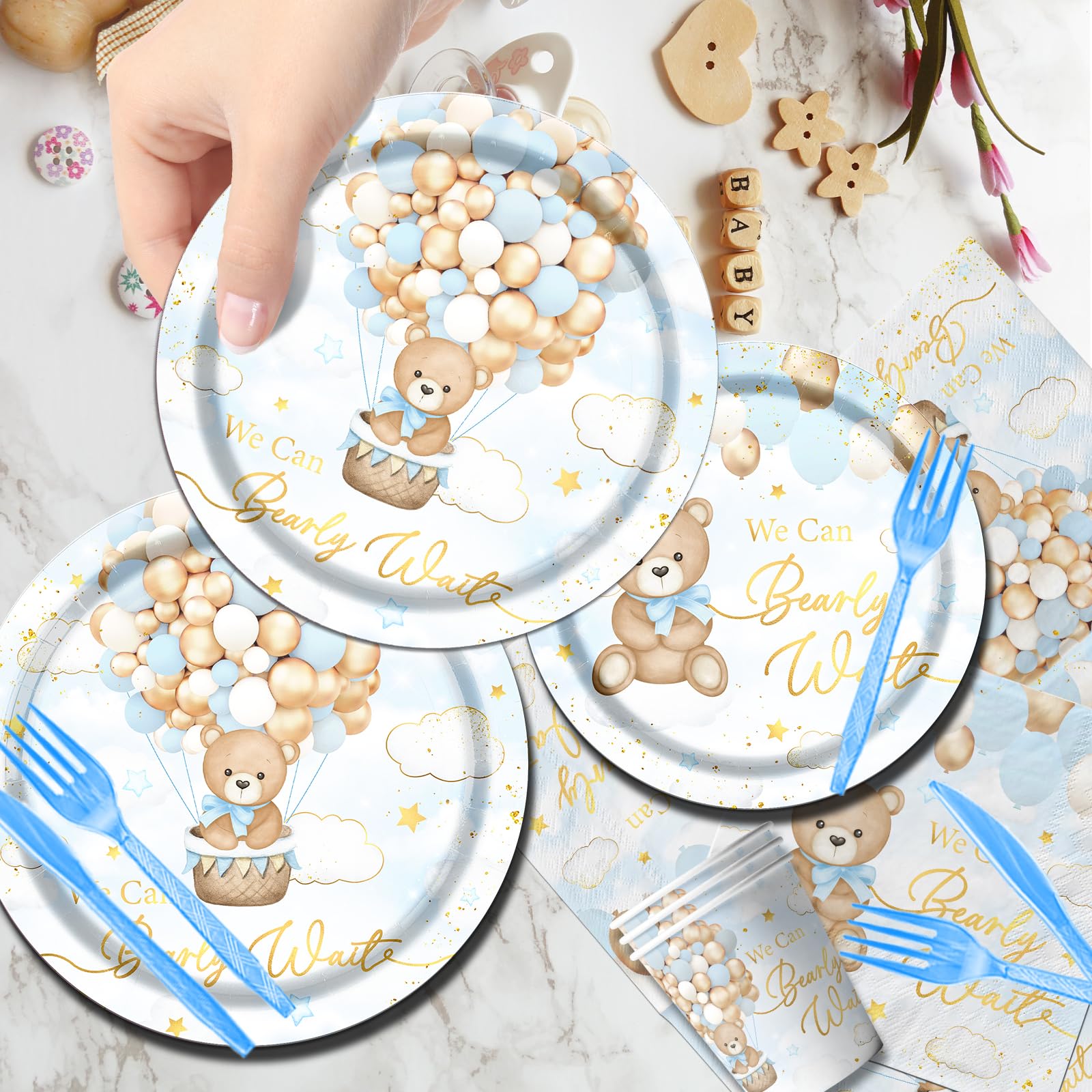 We Can Bearly Wait Bear Baby Shower Decorations, 142pcs Bear Baby Shower Plates and Napkins Set, Cups Banner Tablecloth for Boy Teddy Bear Baby Shower Party Supplies (Blue)