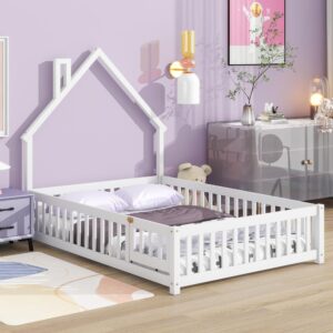 Harper & Bright Designs Kids Full Floor Bed with Rails & House-Shaped Headboard, Wooden Full Montessori Floor Bed Frame, Full Playhouse Bed for Kids Teens Girls Boys (White)