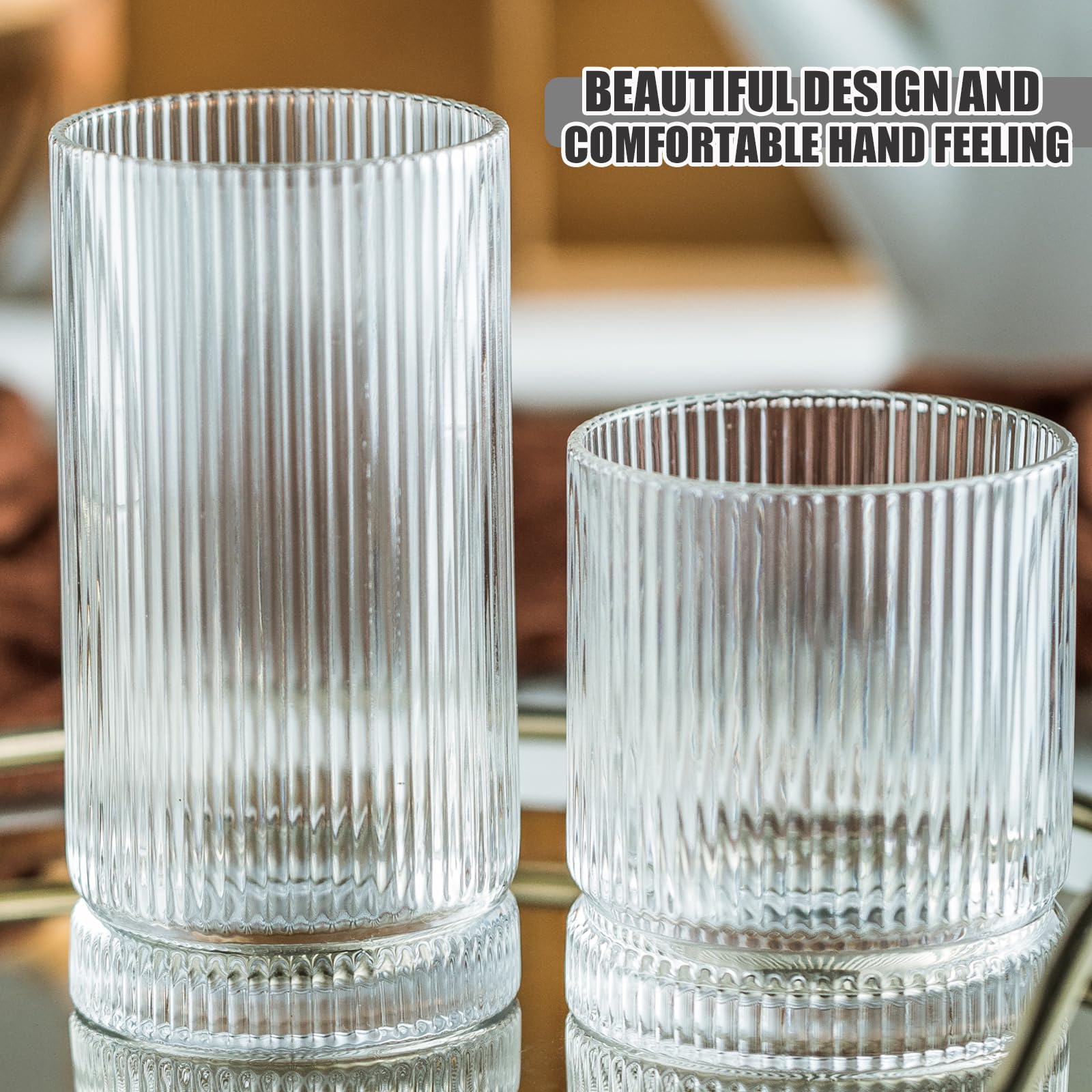 KEMORELA Drinking Glasses Set of 8, Ribbed Glassware, Vintage Fluted Glassware, 4 pcs Ribbed Glasses 16oz Highballs and 4 pcs 13oz Whiskey Glasses, Great for Cocktail, Beverages