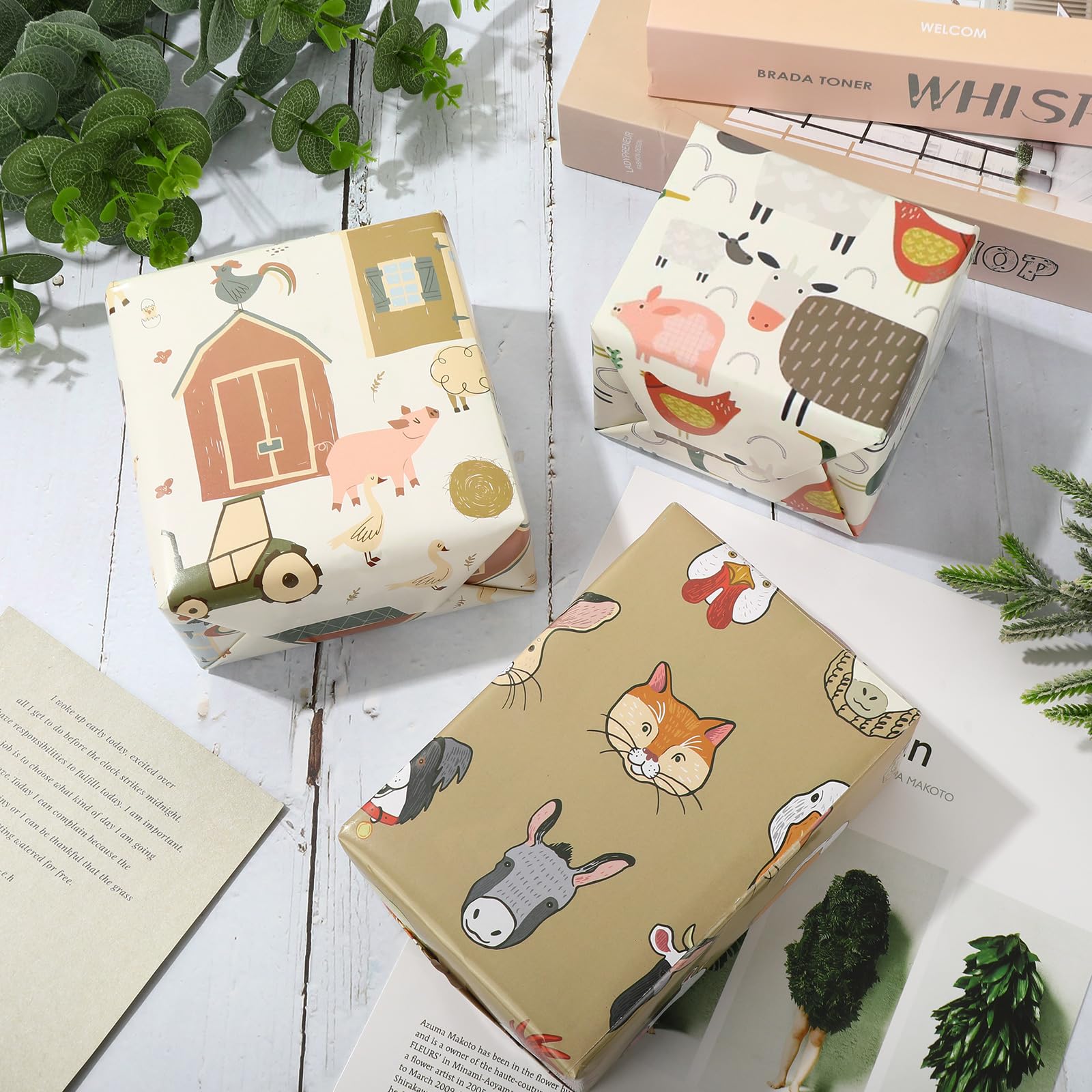 AnyDesign 12 Sheet Farmhouse Wrapping Paper Farm Animal Theme Gift Wrap Paper Bulk Folded Flat Retro Cartoon DIY Craft Paper for Birthday Holiday Party Supplies, 19.7 x 27.6 In