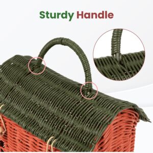 KOLWOVEN Rattan House Storage Basket with Lid - Mouse in a Box House- Small Doll house- Decorative Hand Woven Shelf Organizer Cute Handmade Handcrafted Gift Decoration Artwork Wicker (Moss green)