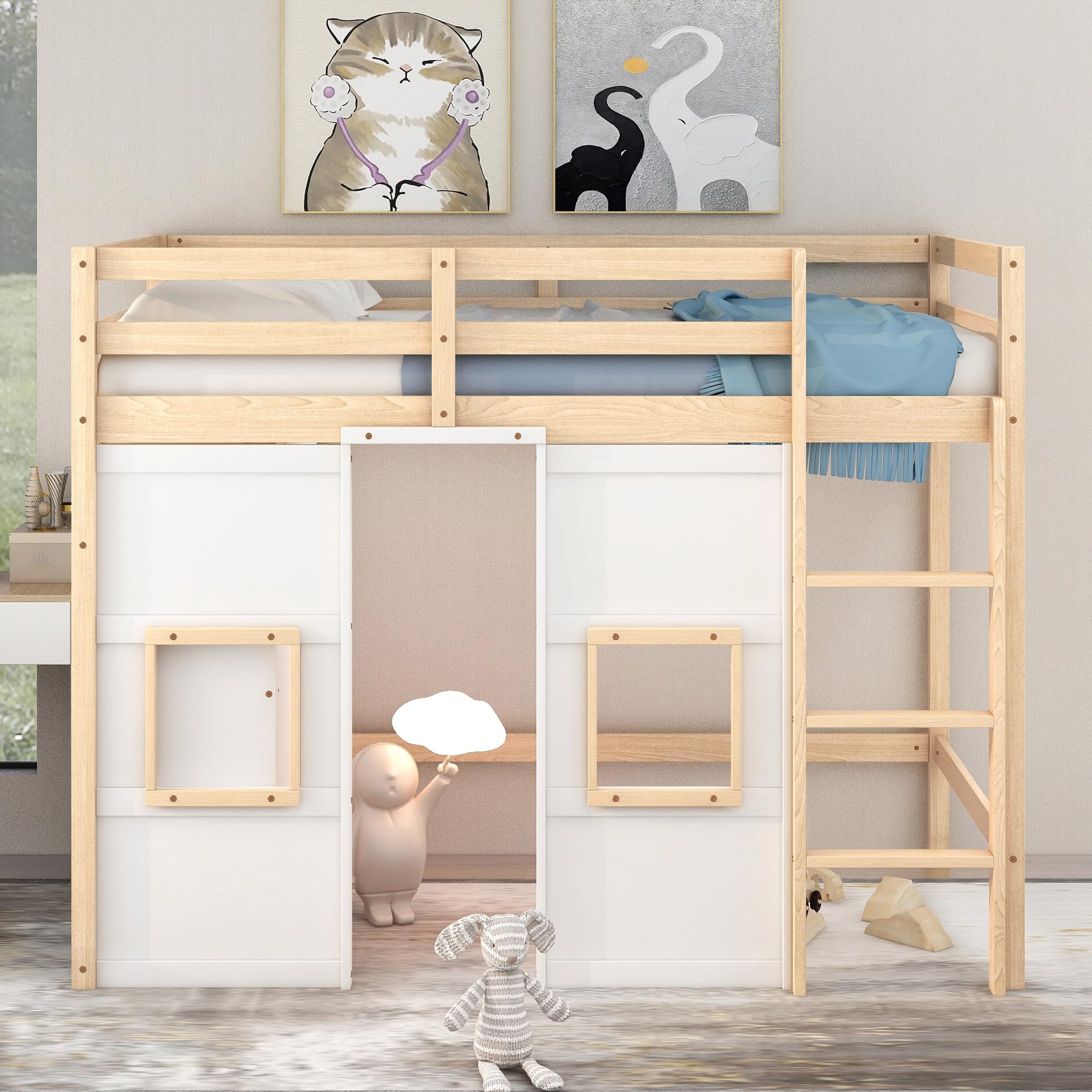 BestLM Wood Twin Size Loft Bed with Built-in Storage Wardrobe, Ladder, 2 Windows, and Full-Length Guardrails for Kids, Teens, Boys, Girls, Wooden Slats Support, No Box Spring Needed, Natural/White