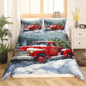 Red Christmas Truck Duvet Cover Set King Size,Winter Snow View Bedding Set for Kids Boys Girls Adults Room Decor,Happy New Year Themed Comforter Cover 3pcs Xmas Pine Quilt Cover,2 Pillowcases