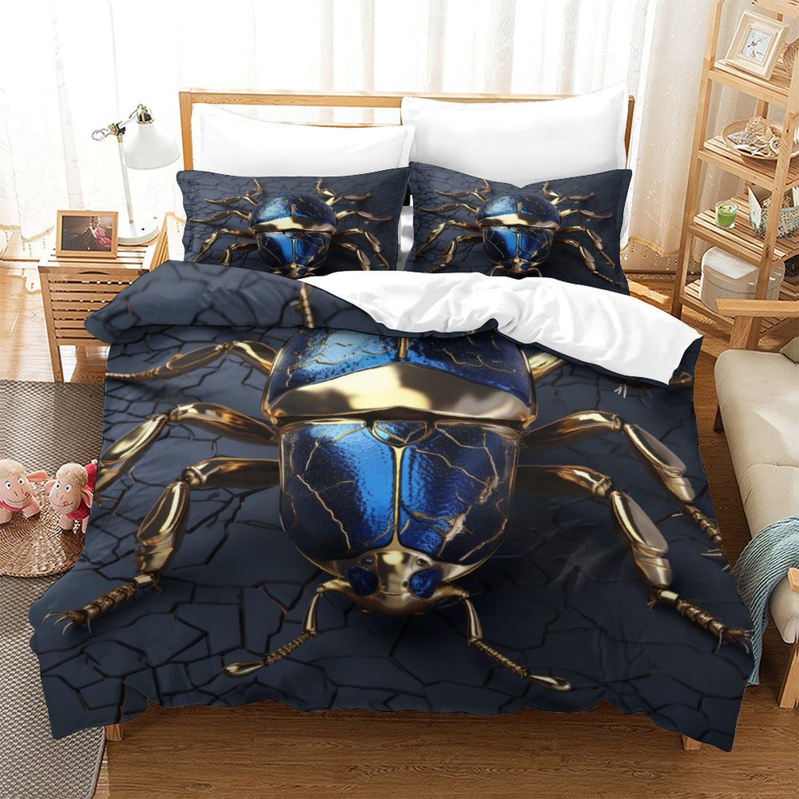 EVMILA Blue Beetle 3D Print Insects Comforter Covers Duvet Cover for Boys Girls Quilt Cover Bedding Set with Zipper Closure with Pillow Cases Soft Microfiber 3 Pieces Twin（173x218cm）