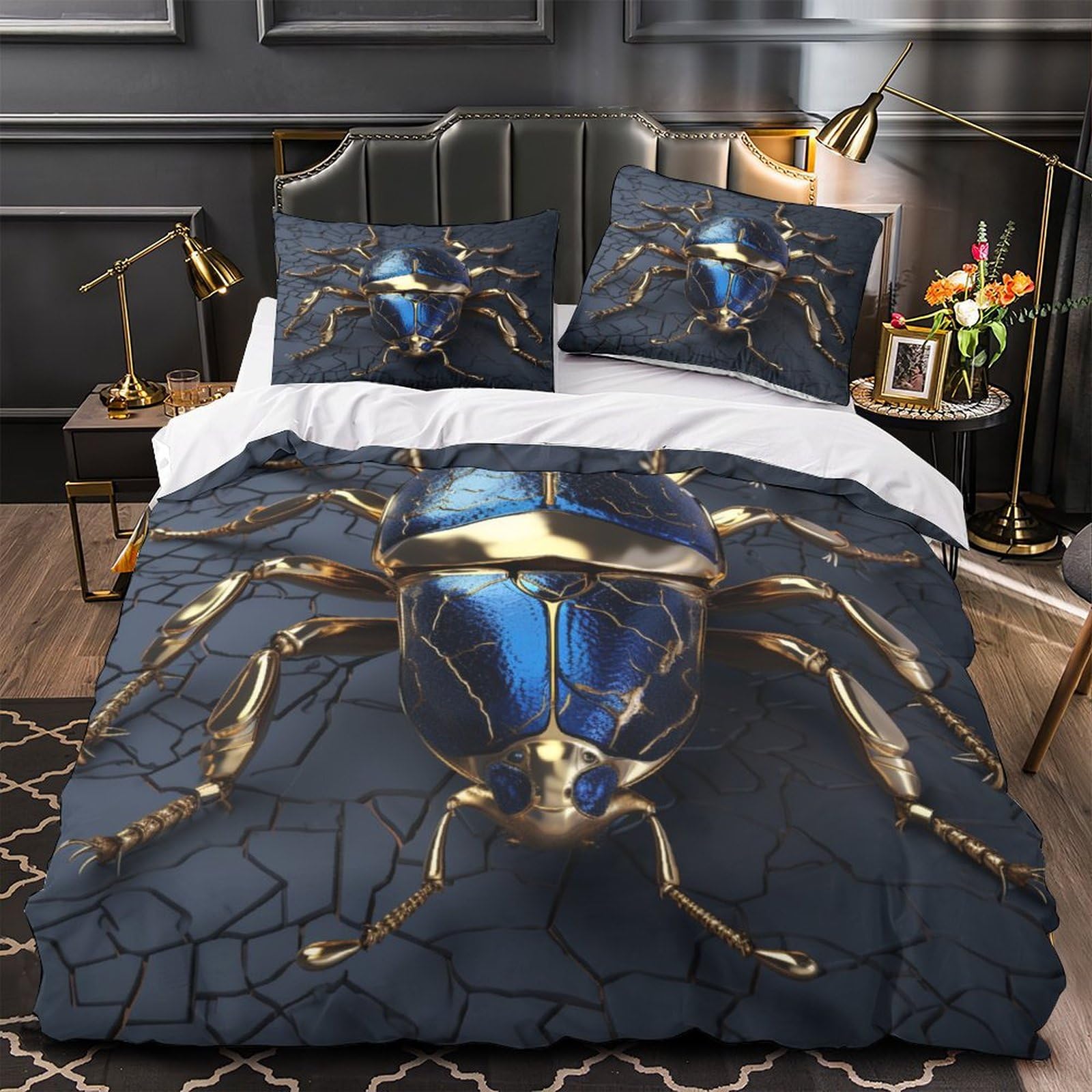 EVMILA Blue Beetle 3D Print Insects Comforter Covers Duvet Cover for Boys Girls Quilt Cover Bedding Set with Zipper Closure with Pillow Cases Soft Microfiber 3 Pieces Twin（173x218cm）