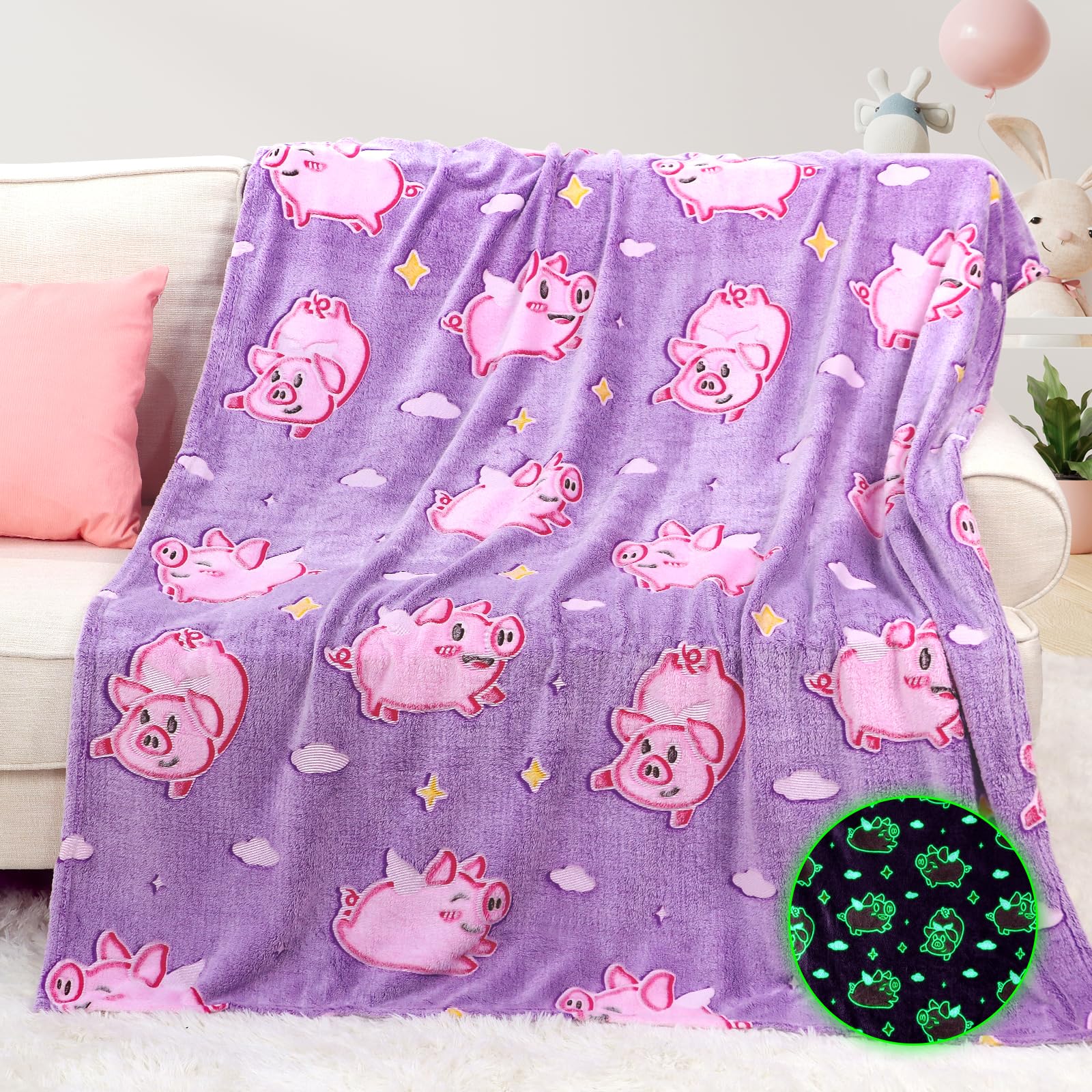 Pig Blanket Glow in The Dark Cute Pink Pig Throw Blanket for Girls Kids Pig Gifts for Girls Soft Fleece Animal Blanket for Toddler Pig Decor Kids Birthday Valentines