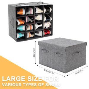 Shoe Storage Organizer for Closet Fits 16 Pairs, Large Shoe Storage Box Bins Containers with Lid and Adjustable Dividers for Shoes, Sneakers and High Heeled, Hard Shell and Stackable (Grey)