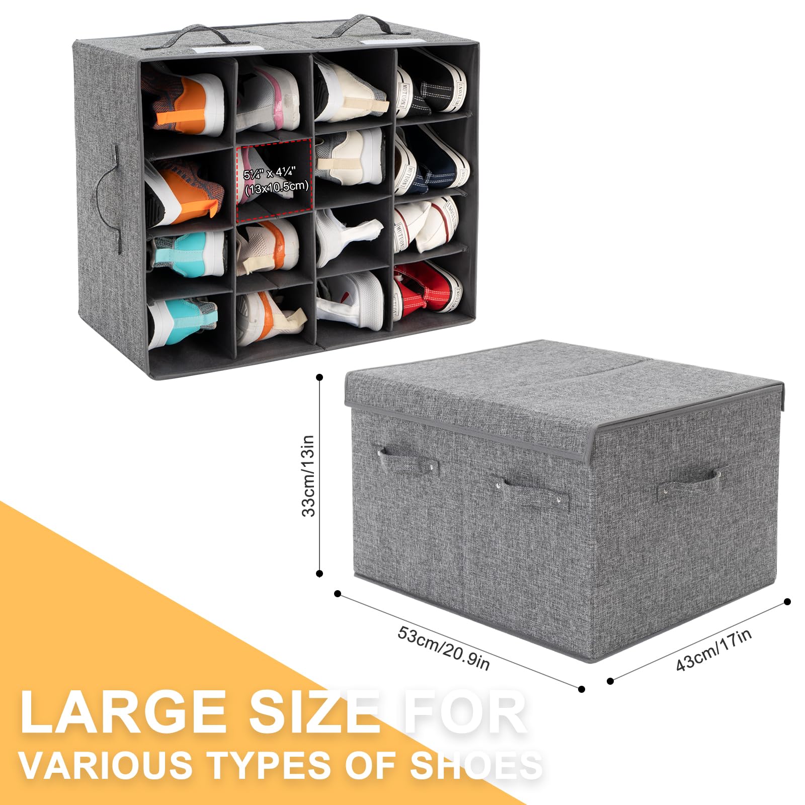 Shoe Storage Organizer for Closet Fits 16 Pairs, Large Shoe Storage Box Bins Containers with Lid and Adjustable Dividers for Shoes, Sneakers and High Heeled, Hard Shell and Stackable (Grey)