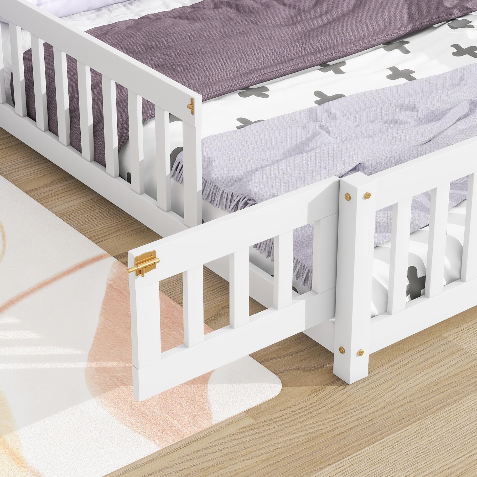 Harper & Bright Designs Kids Full Floor Bed with Rails & House-Shaped Headboard, Wooden Full Montessori Floor Bed Frame, Full Playhouse Bed for Kids Teens Girls Boys (White)