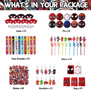 TLTSDWQ spidey and his amazing friends birthday decorations,110Pcs Party Favors,Include 10 Circles,10 Pattern Decorations,10 Key Chains,10 Masks,10 Gift Bags,10 Straws and 50 Stickers