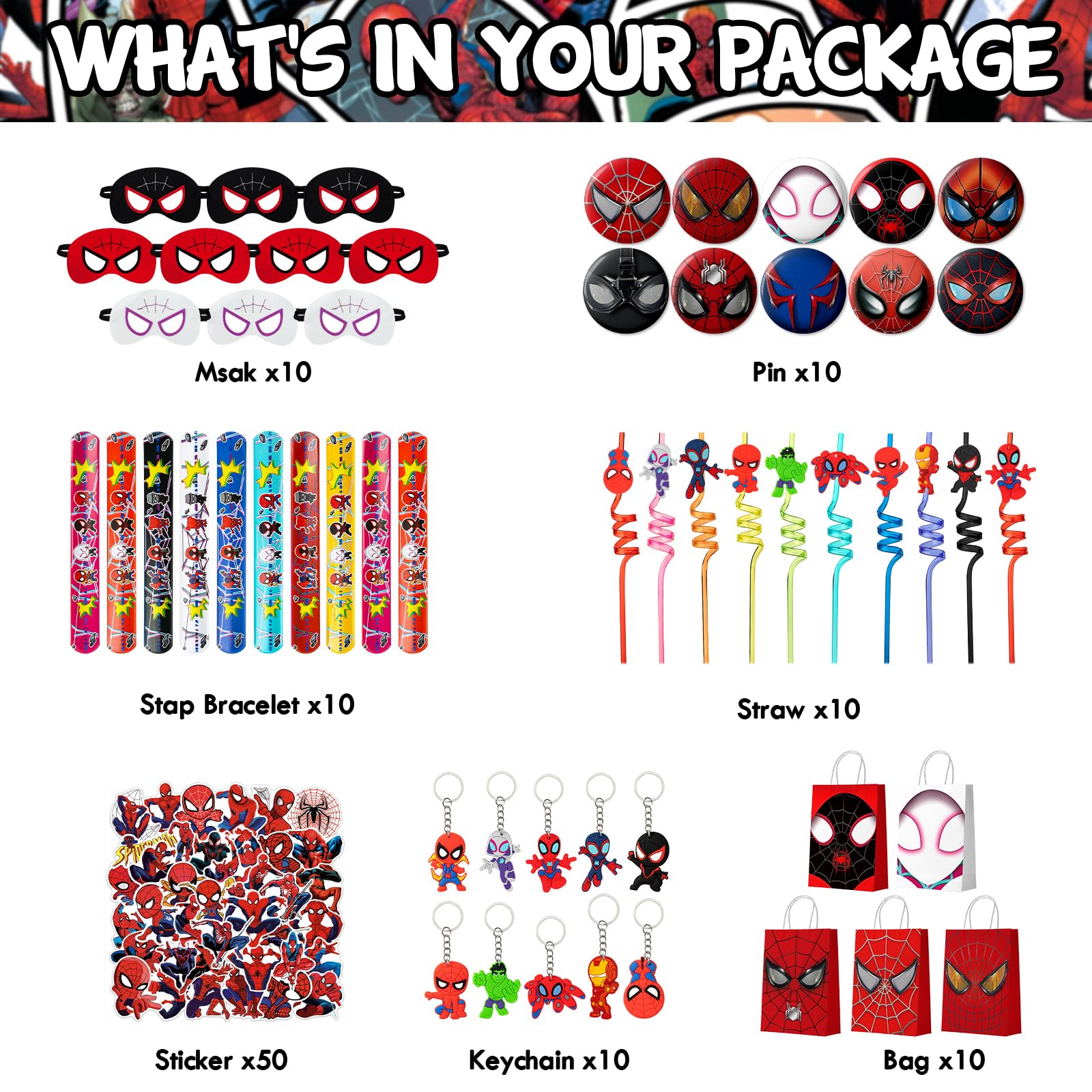 TLTSDWQ spidey and his amazing friends birthday decorations,110Pcs Party Favors,Include 10 Circles,10 Pattern Decorations,10 Key Chains,10 Masks,10 Gift Bags,10 Straws and 50 Stickers