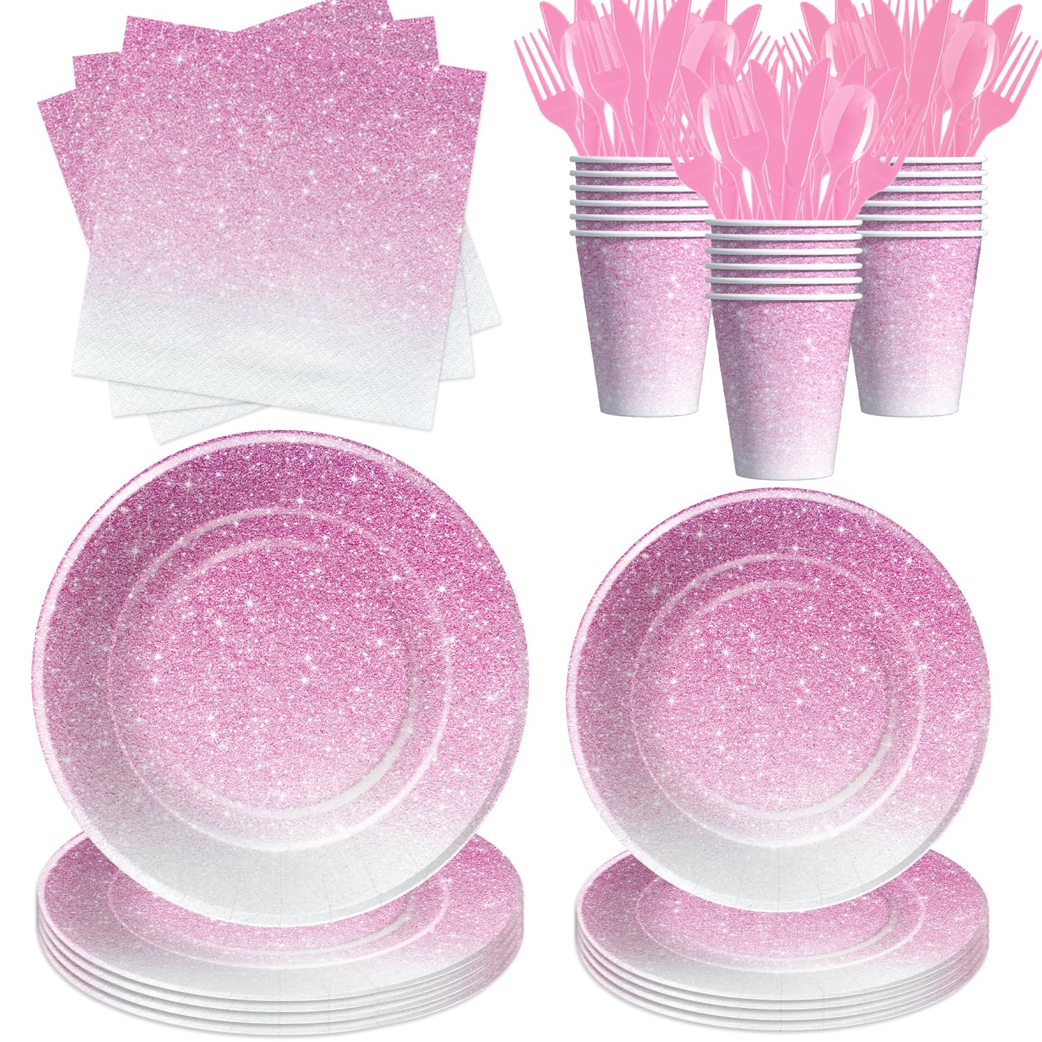 Xenorik Ombre Pink Party Decorations Tableware, Gradient Pastel Pink Party Supplies, Plate, Cup, Napkin, Cutlery, Light Pink Sprinkle Wedding Birthday Anniversary Decorations for Girl Woman | Serve 24