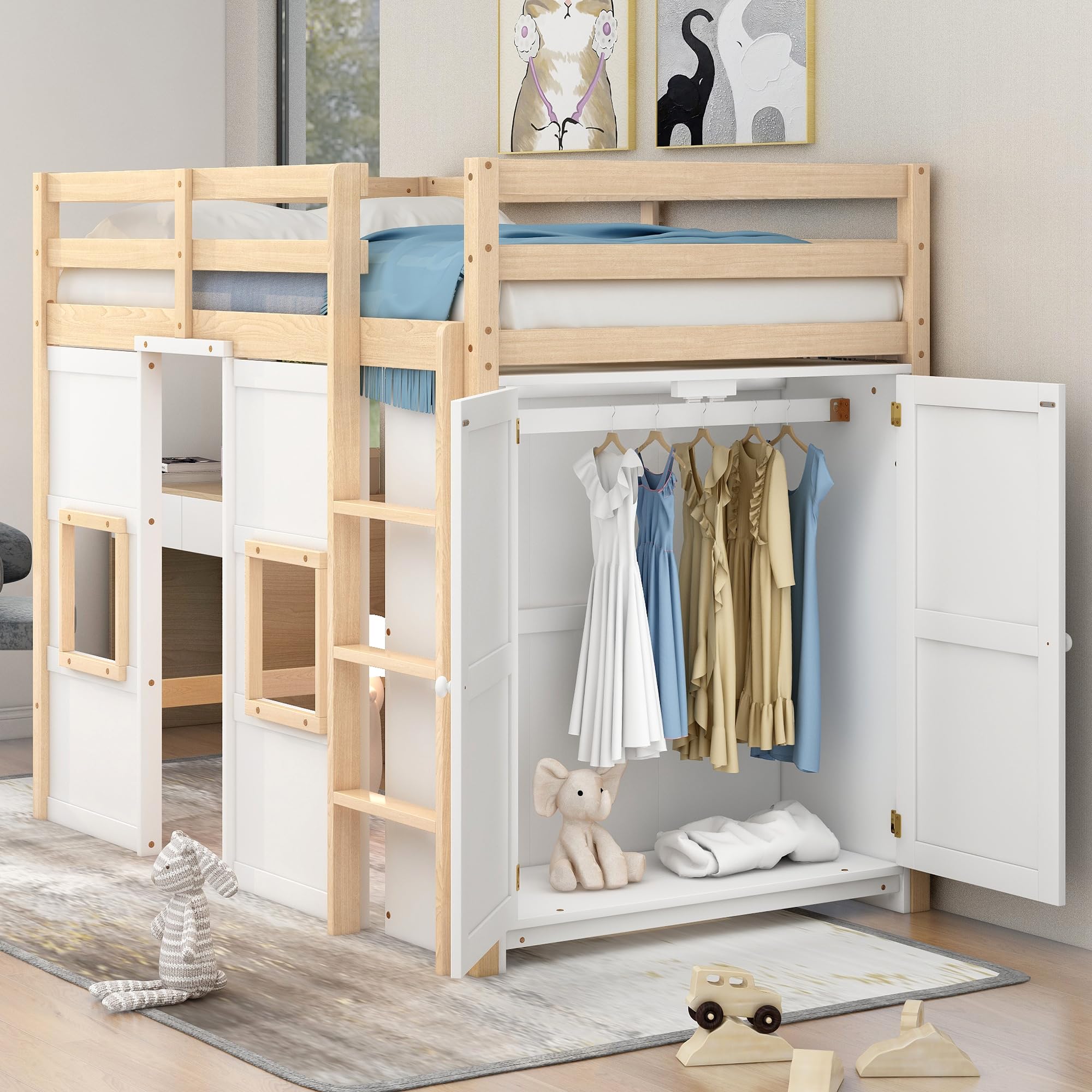 BestLM Wood Twin Size Loft Bed with Built-in Storage Wardrobe, Ladder, 2 Windows, and Full-Length Guardrails for Kids, Teens, Boys, Girls, Wooden Slats Support, No Box Spring Needed, Natural/White