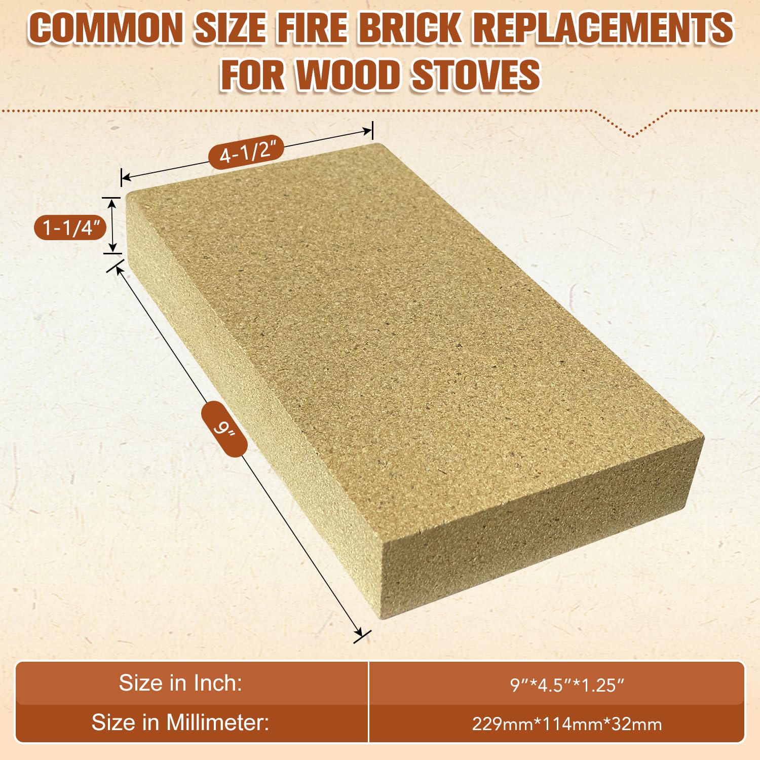 Fire Bricks, FireBrick, High Temperature Insulated Firebricks for Wood Stoves, Fireplaces, Size 9" X 4-1/2" X 1-1/4", Pack of 12, Wood Stove Bricks, Fireplace Brick