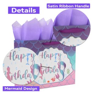 13" Large Purple Gift Bag Set with Greeting Card and Lavender Tissue Papers (Mermaid Design) for Girls' Birthday Party, Women's Birthday Parties, Baby Shower, Baby Girl - 13”x5.2”x10.2”, 1 Pcs.