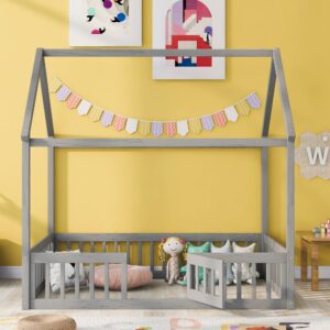 harper & bright designs grey house bed full floor bed with fence railings, kids wooden full size montessori bed frame with small door for kids, fun playhouse beds, full size bed frame for girls boys