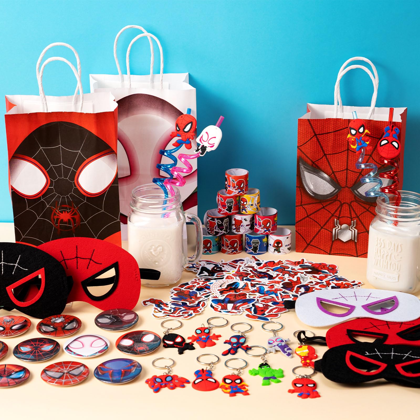 TLTSDWQ spidey and his amazing friends birthday decorations,110Pcs Party Favors,Include 10 Circles,10 Pattern Decorations,10 Key Chains,10 Masks,10 Gift Bags,10 Straws and 50 Stickers