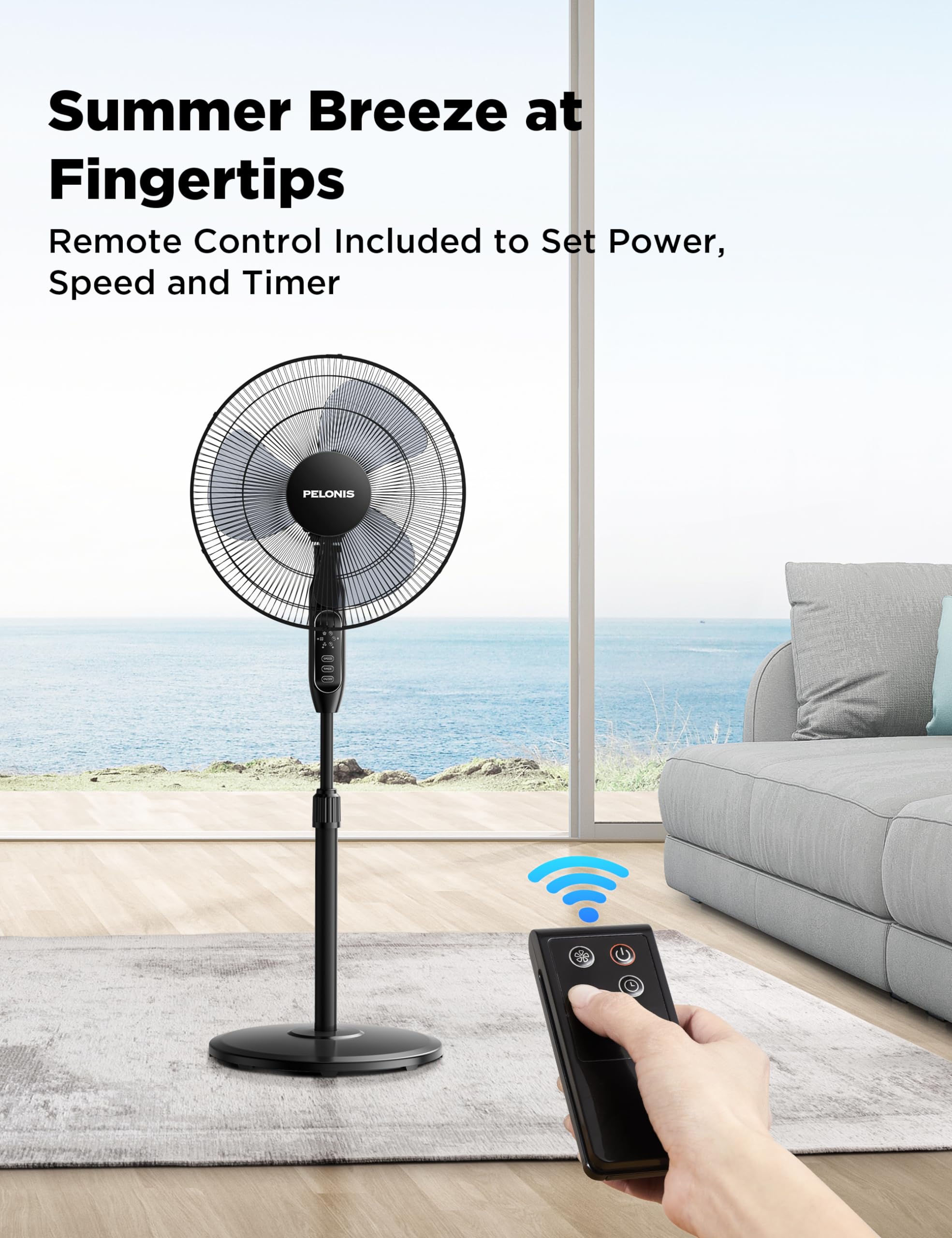 PELONIS 16’’ Oscillating Pedestal Standing Fan with Remote Control 2 Packs, 3 Speeds Settings 7H Timer Ultra Quiet Adjustable Heights for Bedroom, Living Room, Home and Office