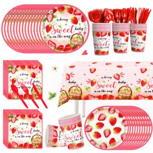 jvorfdg 169pcs strawberry baby shower deorations berry sweet plates napkins cups tablecloths a berry sweet baby is on the way paper tableware set strawberry party supplies serves 24 guests