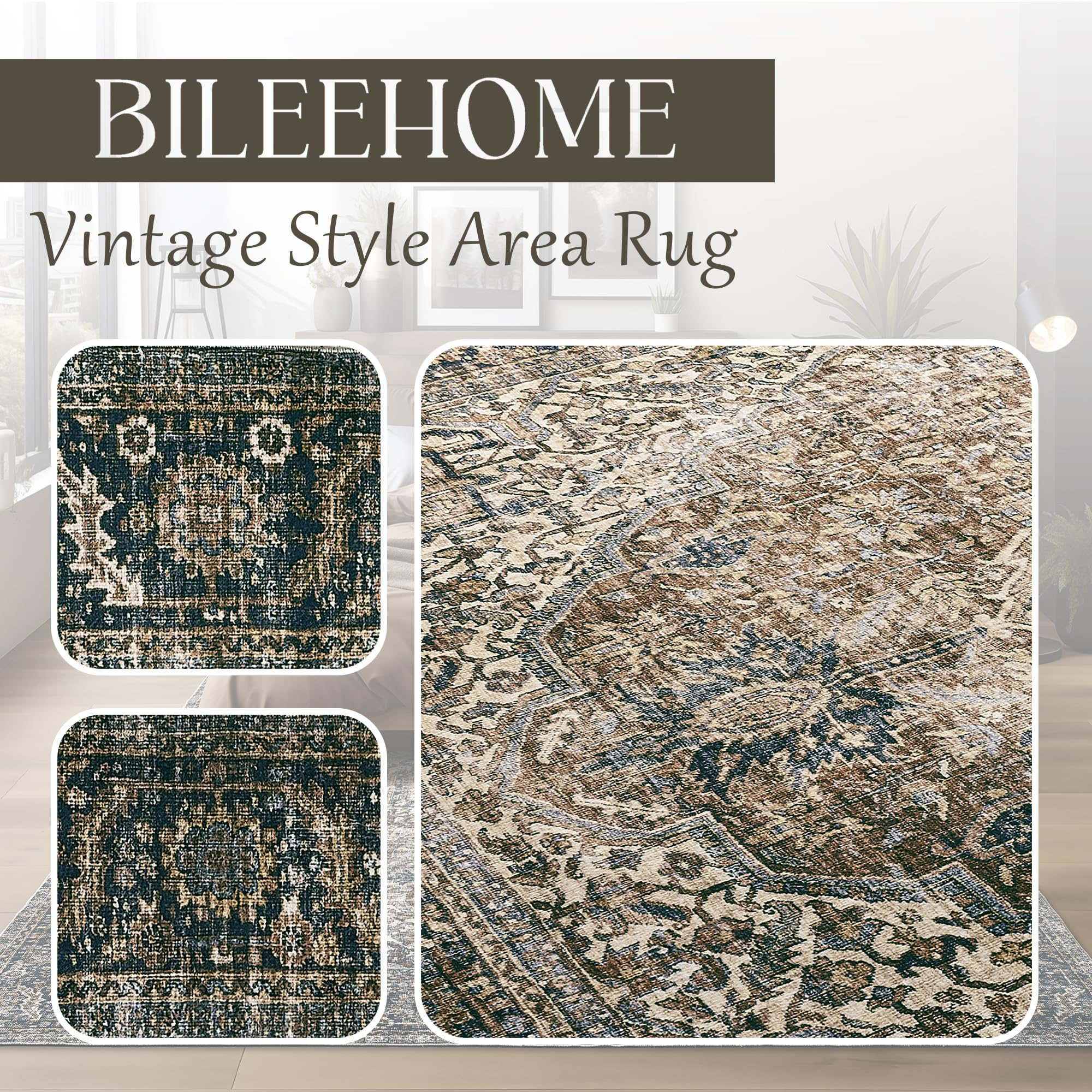 BILEEHOME Brown Rug for Living Room 8x10 Washable Organic Rustic Western Area Rugs for Cabin,Brown and Teal Blue