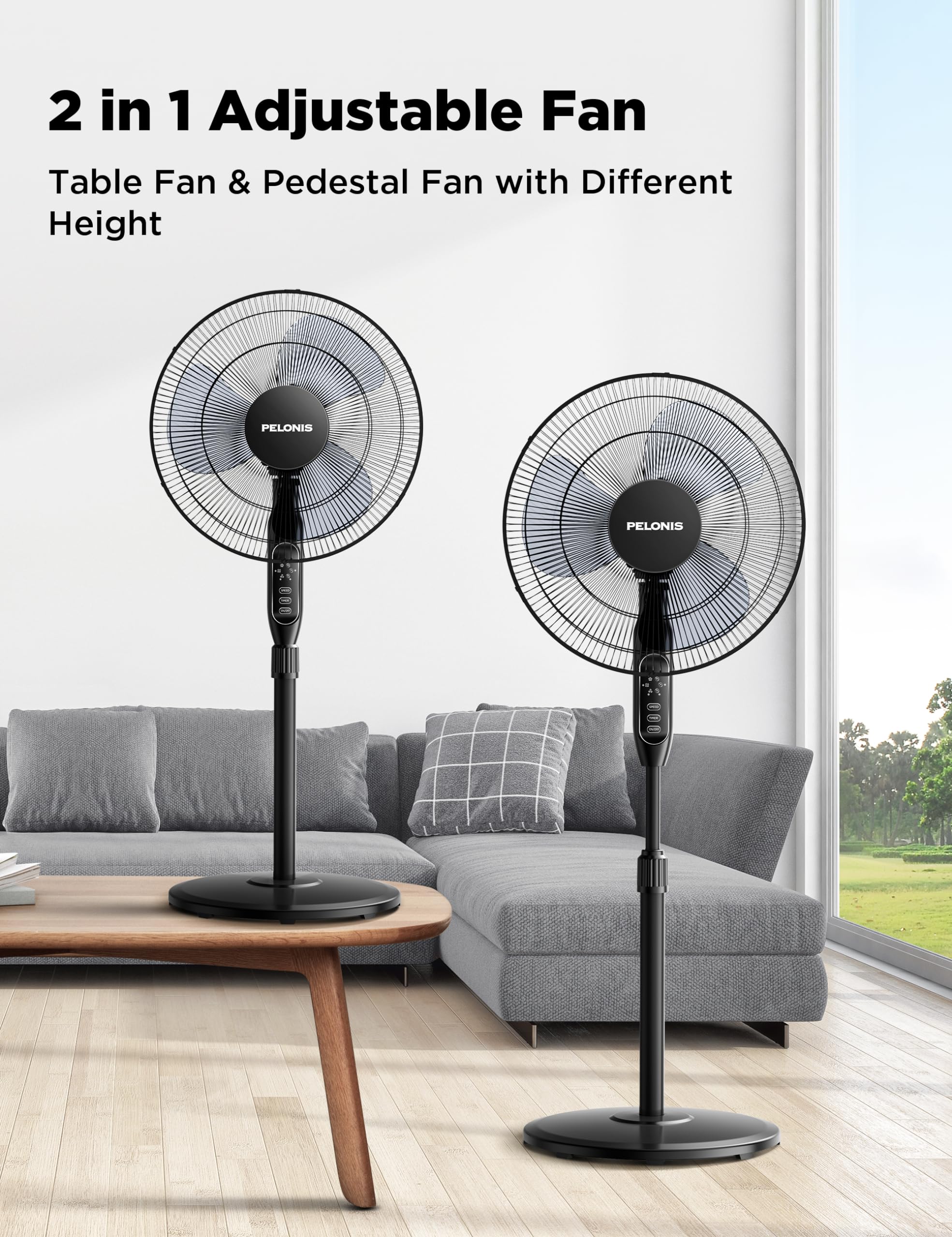 PELONIS 16’’ Oscillating Pedestal Standing Fan with Remote Control 2 Packs, 3 Speeds Settings 7H Timer Ultra Quiet Adjustable Heights for Bedroom, Living Room, Home and Office