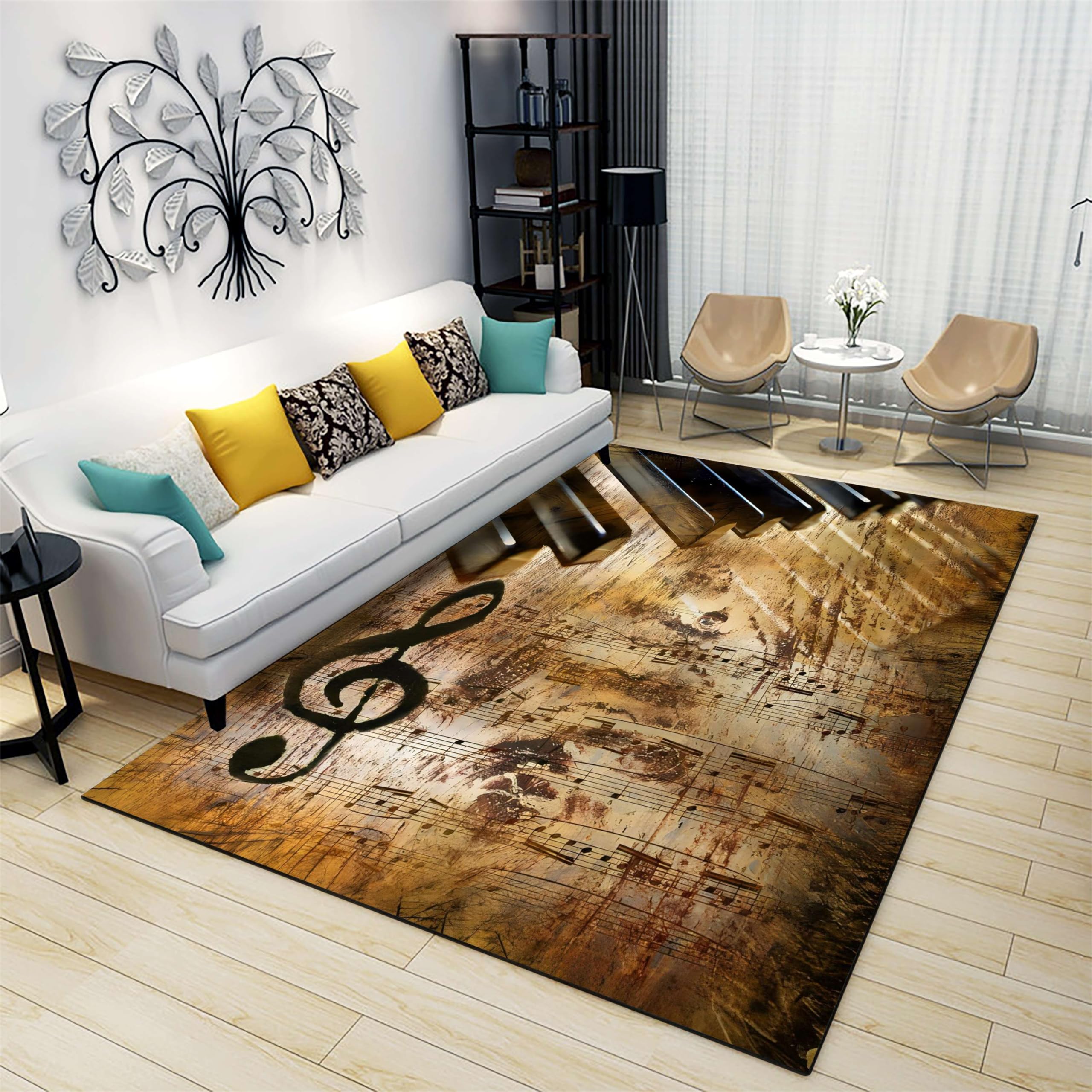 EXINBU Vintage Music Area Rug 6x8ft Retro Musical Notes Non-Slip Area Rugs Floor Mat Brown Distressed Piano Sheet Music Pattern Music Lovers Carpet for Living Room Apartment Dining Room Music Room